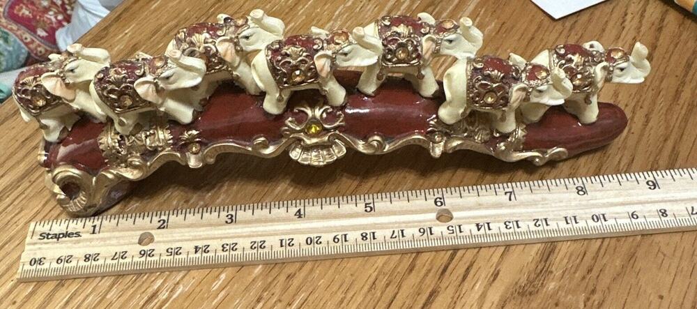 ELEPHANTS WALKING BRIDGE GOLD DECOR RESIN FIGURINE Beaded 3" Luck Wealth Color